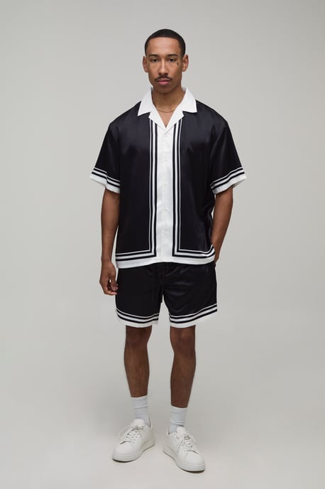 Oversized Short Sleeve Double Boarder Print Satin Shirt & Short Set - Image 4