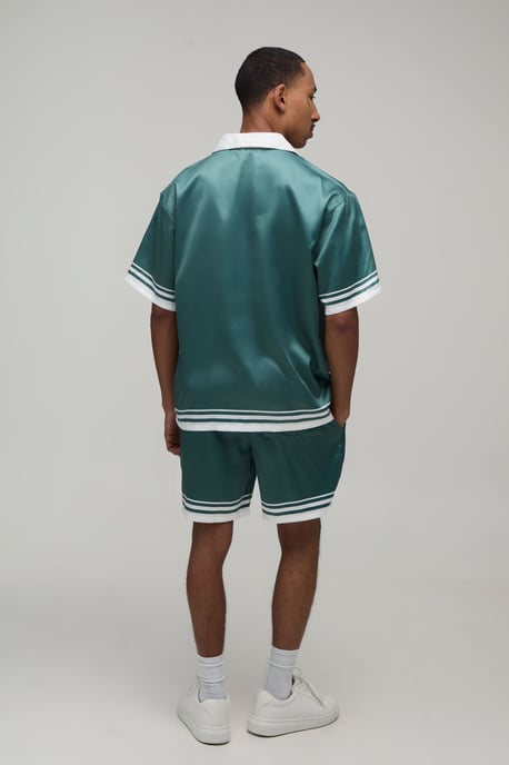 Oversized Short Sleeve Double Boarder Print Satin Shirt & Short Set - Image 2