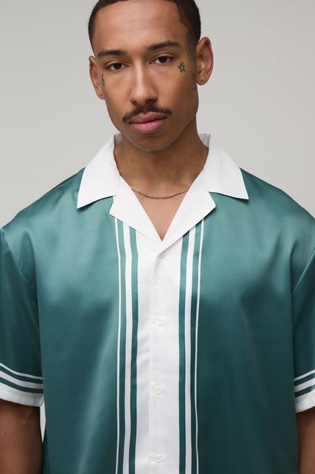 Oversized Short Sleeve Double Boarder Print Satin Shirt & Short Set - Image 3