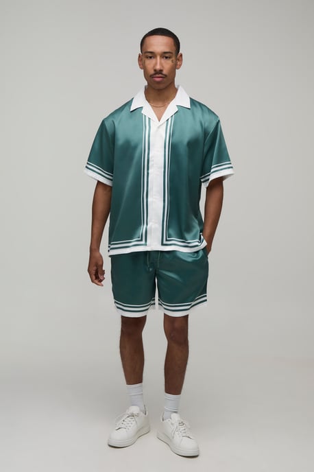 Oversized Short Sleeve Double Boarder Print Satin Shirt & Short Set - Image 4