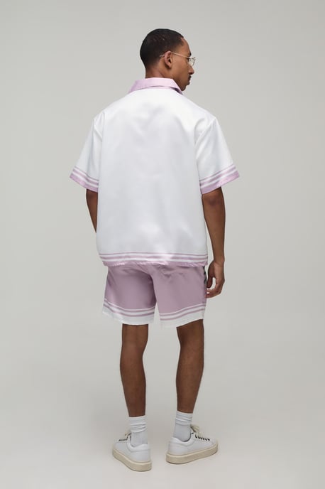 Oversized Half Sleeve Moto Print Satin Shirt & Short Set - Image 2