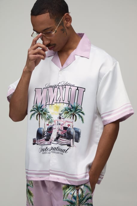 Oversized Half Sleeve Moto Print Satin Shirt & Short Set - Image 3