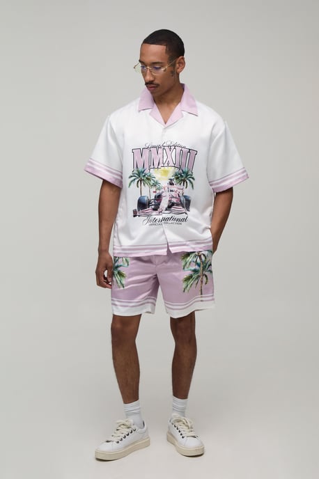 Oversized Half Sleeve Moto Print Satin Shirt & Short Set - Image 4