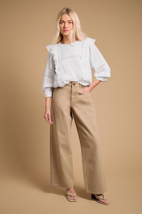 Trim Detail Frill Shoulder Crew Neck Blouse - Image 2