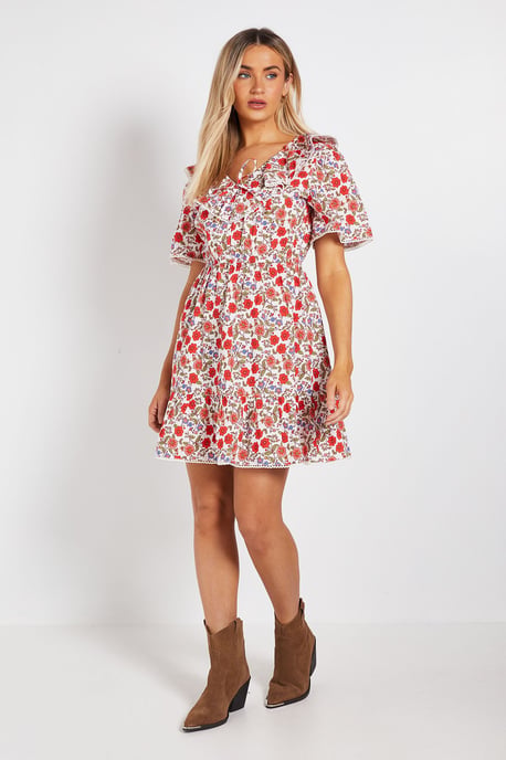 Collar Tie Detail Flutter Sleeve Mini Dress - Image 2