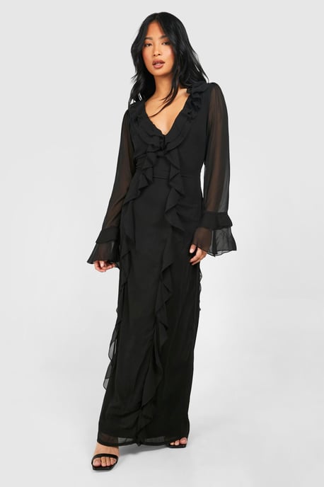 Petite Plunge Ruffle Flare Sleeve Woven Maxi Dress - Image 1
