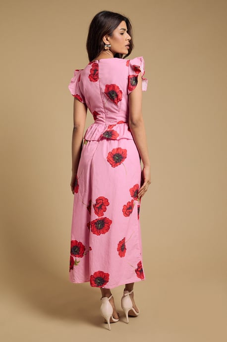 Petite DP Luxe Peplum Frill Detail V Neck Printed Maxi Dress - Image 3