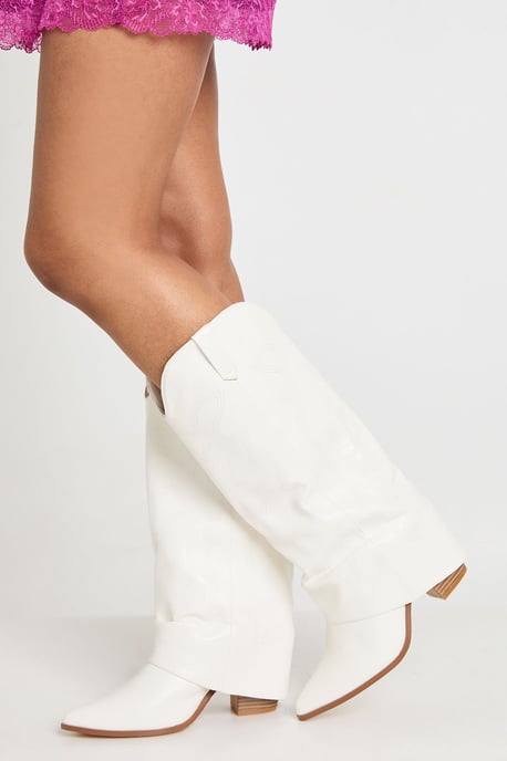 Wide Fit Fold Over Embroidered Knee High Western Boots - Image 1