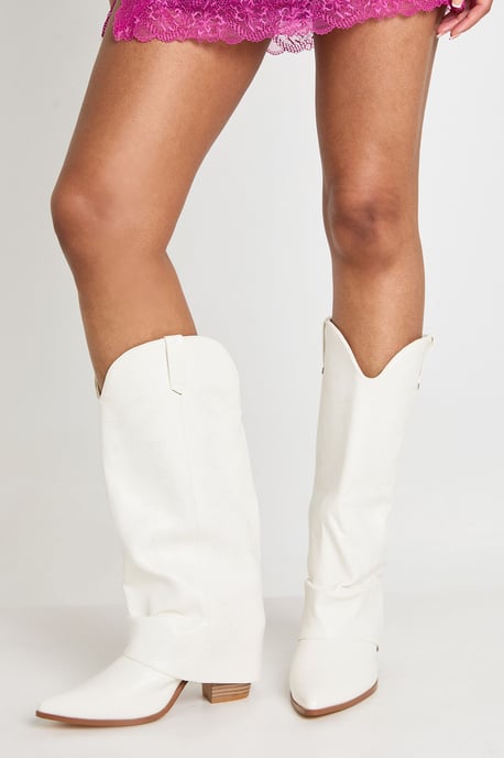 Wide Fit Fold Over Embroidered Knee High Western Boots - Image 2