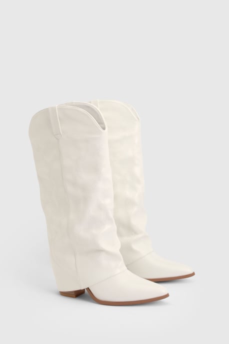 Wide Fit Fold Over Embroidered Knee High Western Boots - Image 3