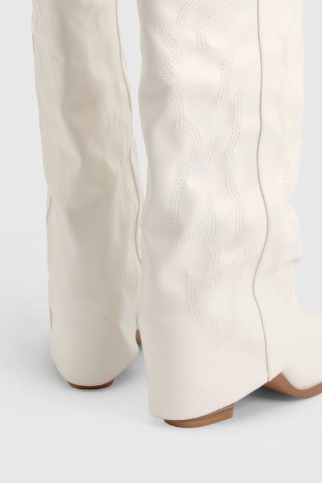 Wide Fit Fold Over Embroidered Knee High Western Boots - Image 4