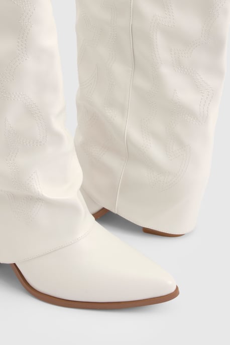 Wide Fit Fold Over Embroidered Knee High Western Boots - Image 6