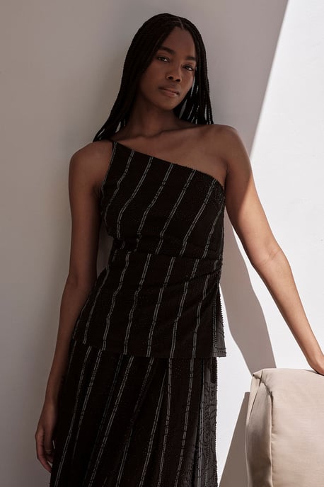 Beaded Pinstripe Asymmetric Neck Tailored Top - Image 1