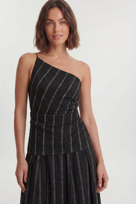 Beaded Pinstripe Asymmetric Neck Tailored Top - Image 2