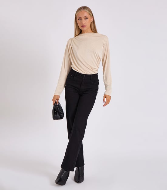 Beige Diamante Stud Cowl Front Bodysuit - Image 1