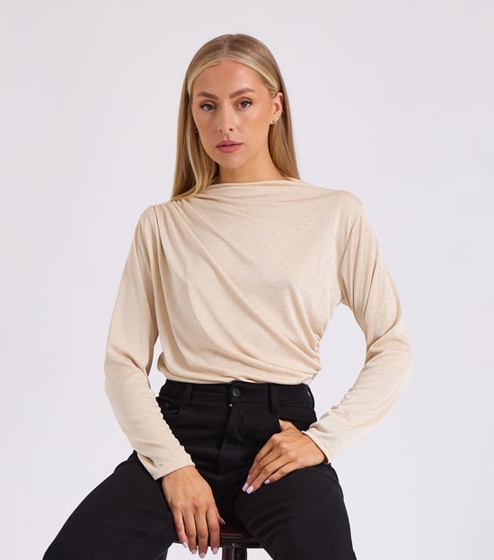 Beige Diamante Stud Cowl Front Bodysuit - Image 2