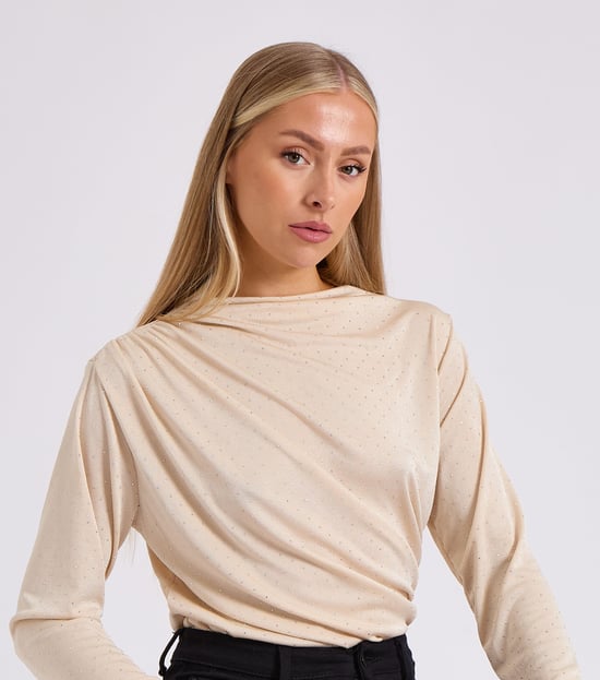 Beige Diamante Stud Cowl Front Bodysuit - Image 3