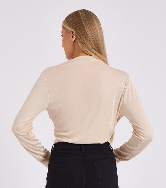 Beige Diamante Stud Cowl Front Bodysuit - Image 4