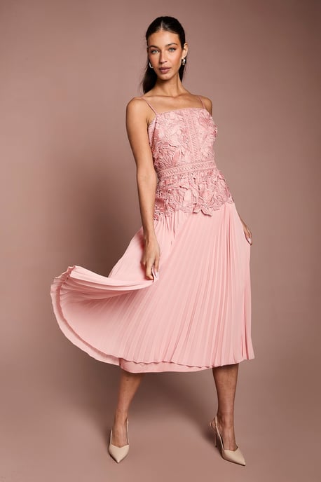 Satin Lace Pleated Midi Dress - Image 1