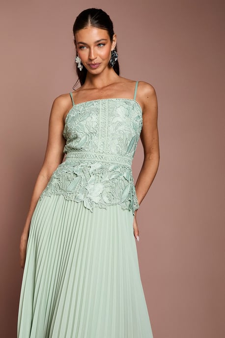Satin Lace Pleated Midi Dress - Image 4