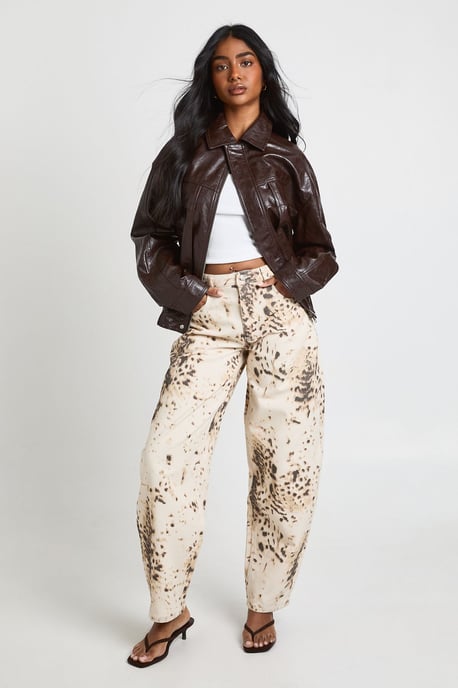 Mid Waist Snow Leopard Printed Barrel Jean - Image 1