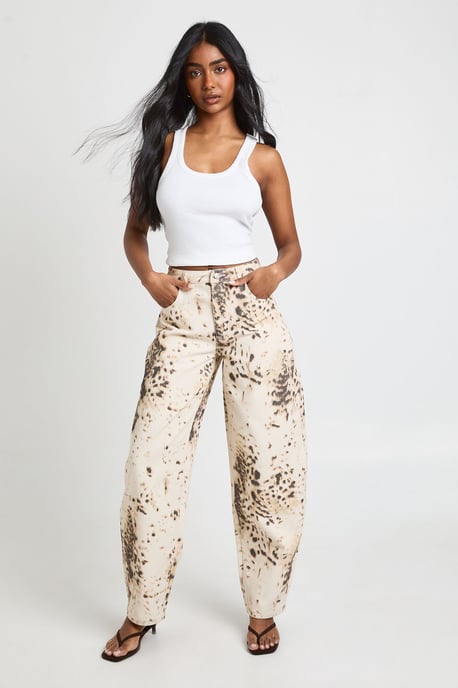Mid Waist Snow Leopard Printed Barrel Jean - Image 3