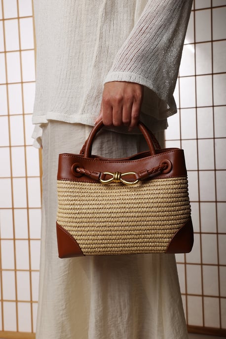 Where's That From Womens Luna Woven Leather Tote Bag With Gold Detail - Image 2