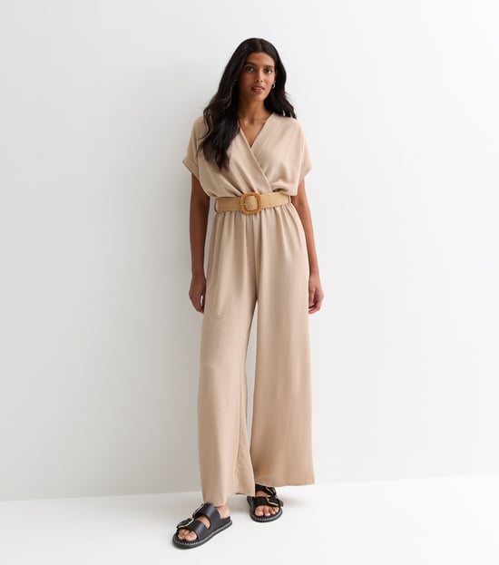 Beige Short Sleeves Elasticated Waist Belted Jumpsuit - Image 1