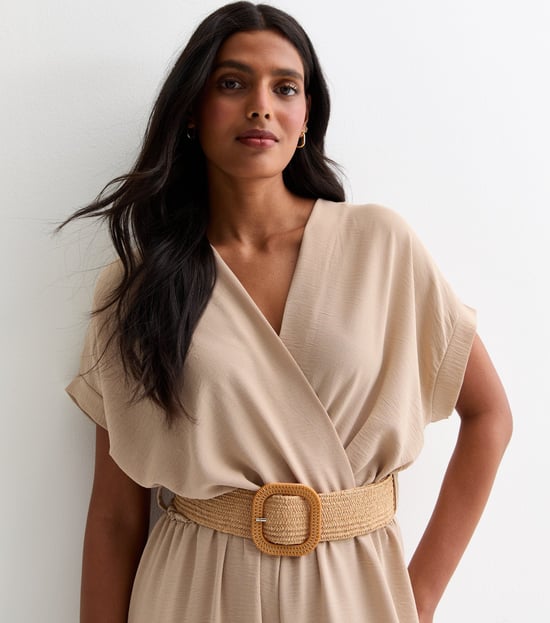 Beige Short Sleeves Elasticated Waist Belted Jumpsuit - Image 2
