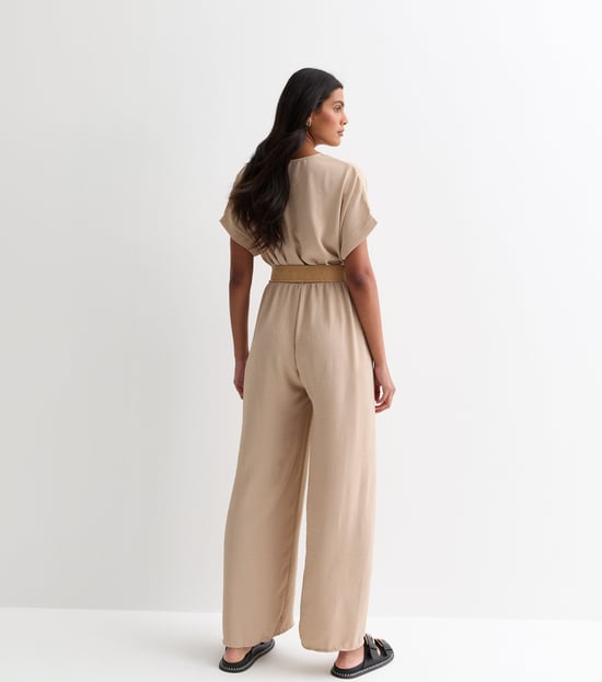 Beige Short Sleeves Elasticated Waist Belted Jumpsuit - Image 3