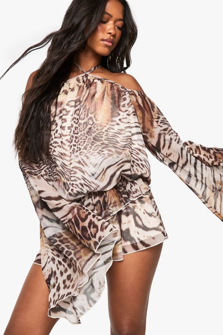 Mixed Animal Print Chiffon Kimono Sleeve Playsuit - Image 4