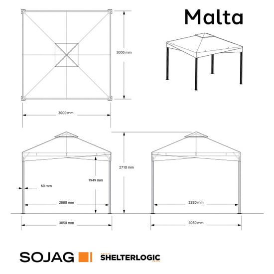 Sojag Malta 1010 aluminium paviljoen 3x3 mtr met afneembaar stoffen dak - Image 5