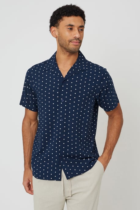 Navy Revere Collar Polka Dot Short Sleeve Shirt - Image 1