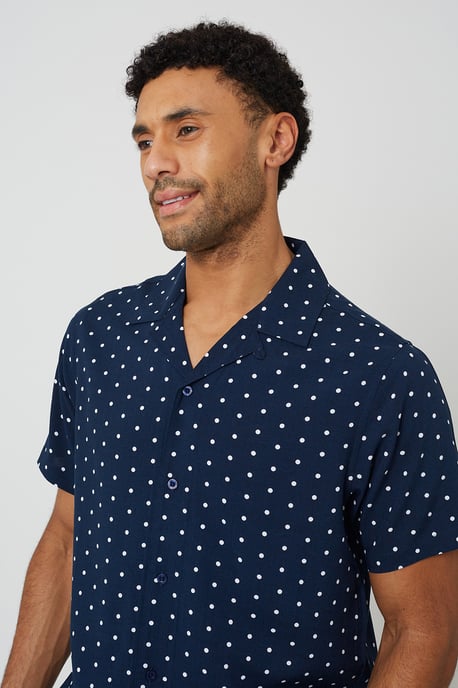 Navy Revere Collar Polka Dot Short Sleeve Shirt - Image 4