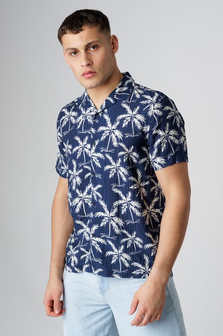 Navy Relaxed Button-Up Palm Print Holiday Shirt - Image 1