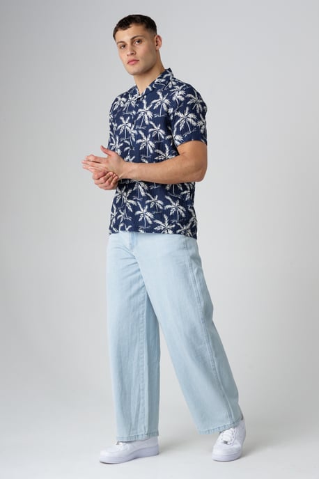 Navy Relaxed Button-Up Palm Print Holiday Shirt - Image 3