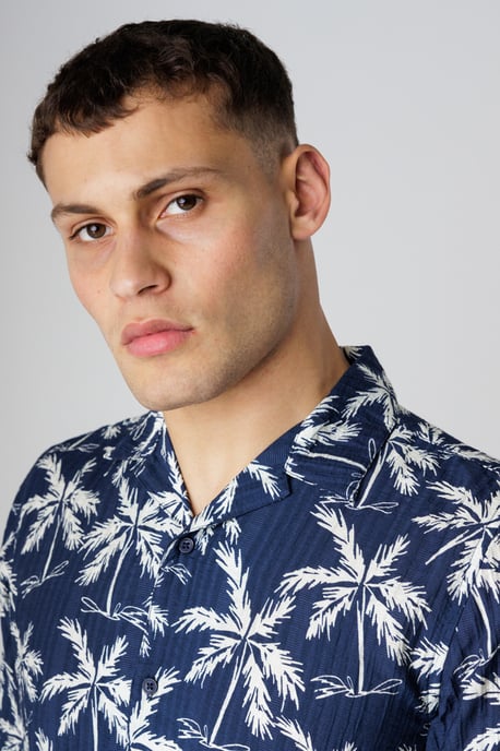 Navy Relaxed Button-Up Palm Print Holiday Shirt - Image 4