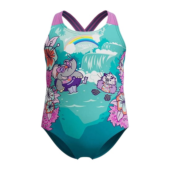 Speedo Baby Meisjes Leren Zwemmen Bedrukt Kruis Rug Eèn Stuk Zwempak (Blauw) - Image 1