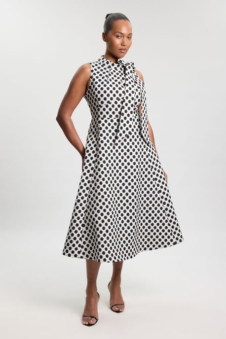 Plus Size Spot Jacquard Tailored Bow Neck Full Skirted Midi Dress - Image 4