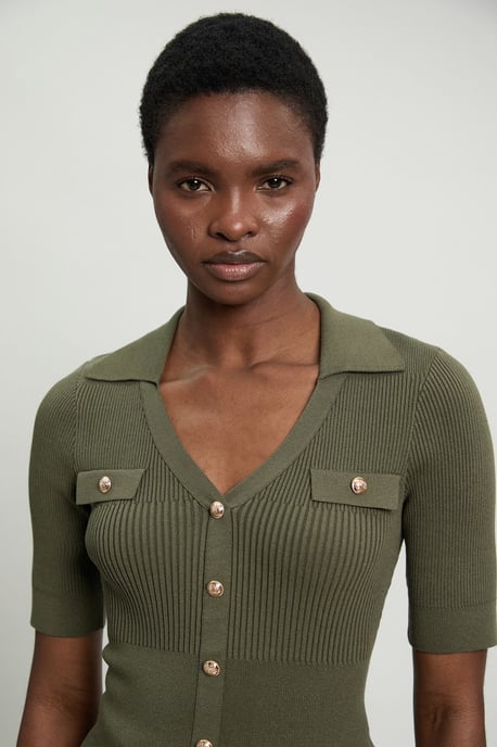 Military Trim Rib Knit Short Sleeve Collared Top - Image 2