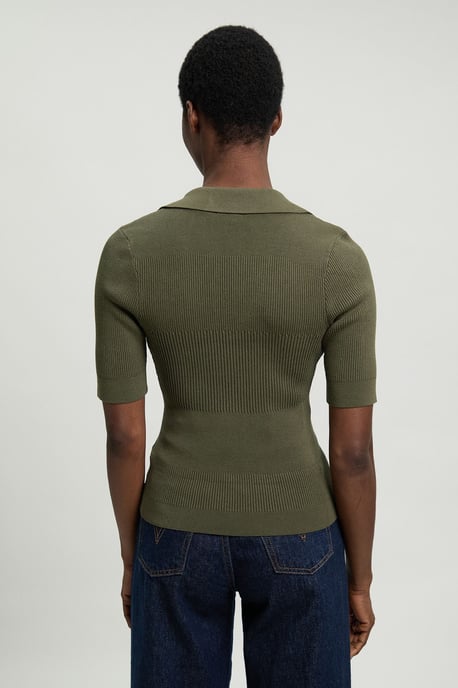 Military Trim Rib Knit Short Sleeve Collared Top - Image 3