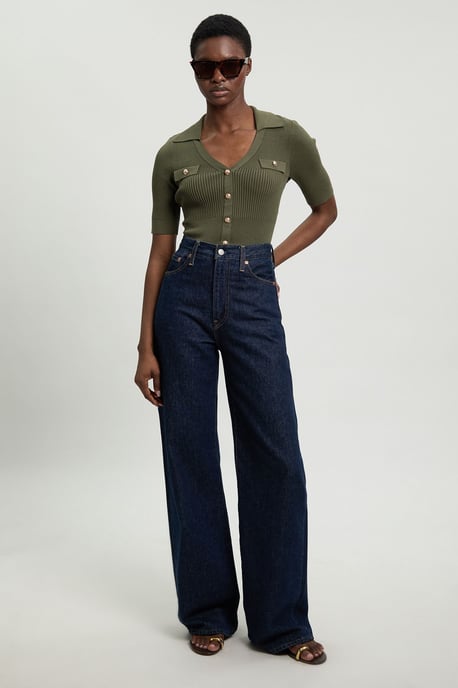 Military Trim Rib Knit Short Sleeve Collared Top - Image 4