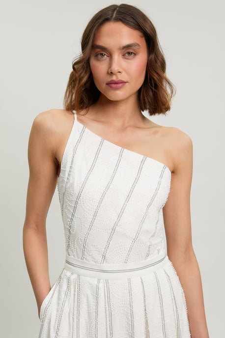 Beaded Pinstripe Asymmetric Neck Tailored Top - Image 1
