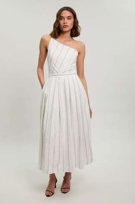 Beaded Pinstripe Asymmetric Neck Tailored Top - Image 3