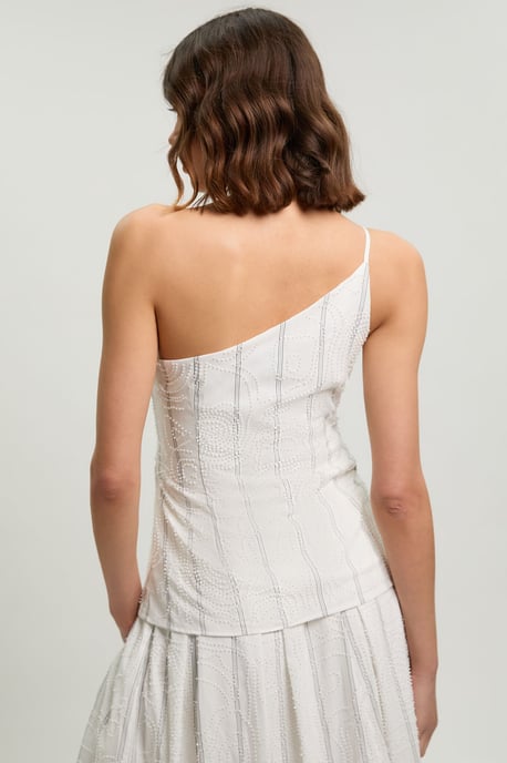Beaded Pinstripe Asymmetric Neck Tailored Top - Image 4