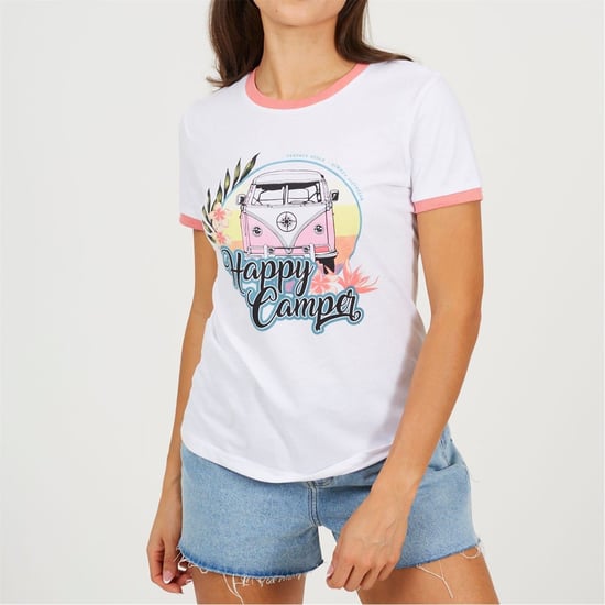Women's Brave Soul Camper Ringer T-Shirt in White/Coral - Image 1