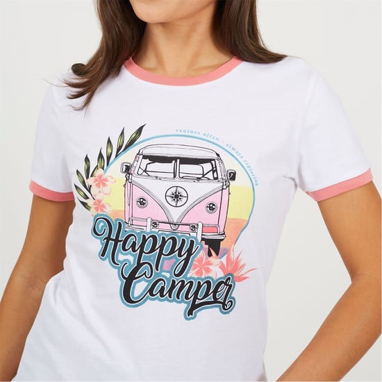 Women's Brave Soul Camper Ringer T-Shirt in White/Coral - Image 3