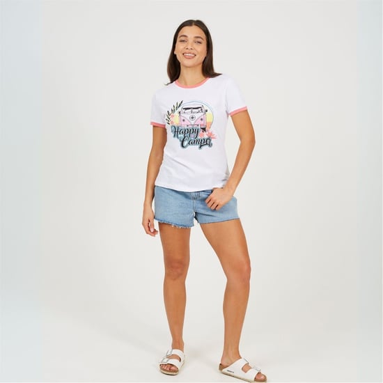 Women's Brave Soul Camper Ringer T-Shirt in White/Coral - Image 4
