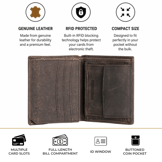 Men’s Genuine Leather RFID Wallet with Coin Pocket and ID Window, Vintage Brown - Image 4
