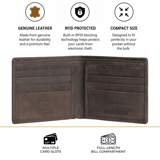 Men’s Genuine Leather RFID Bifold Wallet, Brown Waxed Hunter Finish - Image 4